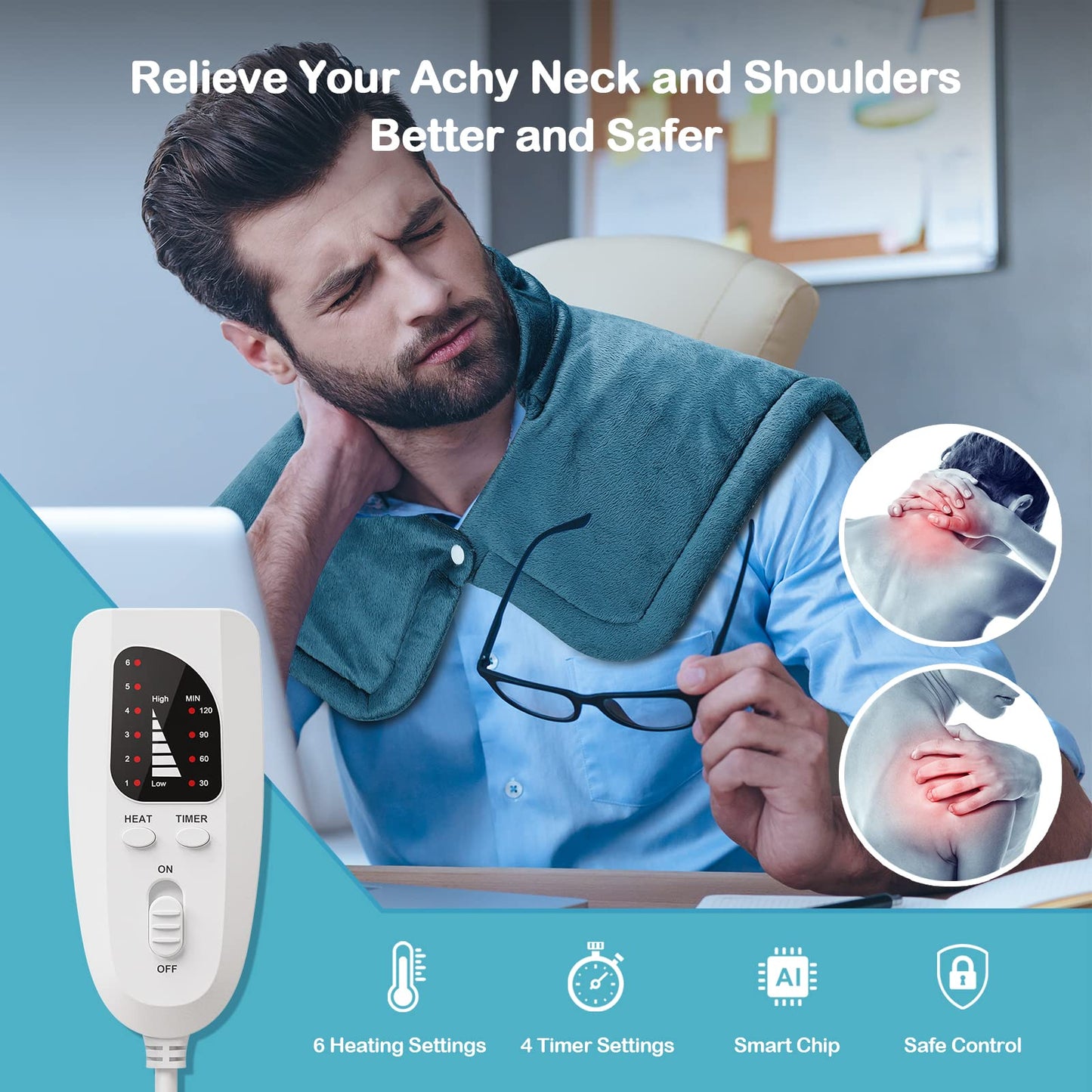NIUONSIX Heating Pad for Neck and Shoulders 2lb Weighted Neck Heating Pad for Pain Relief 6 Heat Settings 4 Timers Auto Off Gifts for Women Men Mom Dad, Blue