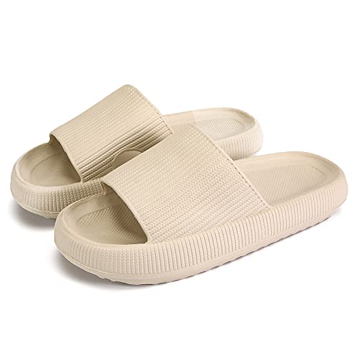 rosyclo Cloud Slides for Women and Men, Pillow House Slippers Super Soft Comfy Non-Slip Massage Bathroom Shower Shoes, Cushion Slide Sandals for Indoor Outdoor, Size 8 7.5 8.5 Tan Beige Nude