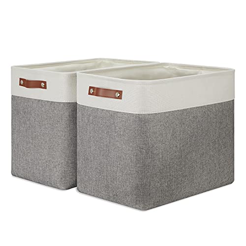 DULLEMELO Storage Baskets Large 17"x12"x15" Rectangular Bins for Organizing [2 Pack] Fabric Collapsible Organizer for Home,Office,Closet,Clothes,Toys (White&Grey)