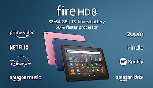 Amazon Fire HD 8 tablet, 8” HD Display, 32 GB, 30% faster processor, designed for portable entertainment, (2022 release), Rose