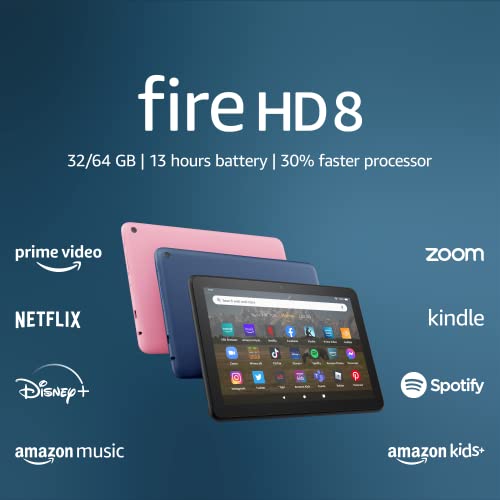 Amazon Fire HD 8 tablet, 8” HD Display, 32 GB, 30% faster processor, designed for portable entertainment, (2022 release), Rose