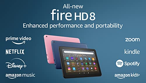 Amazon Fire HD 8 tablet, 8” HD Display, 32 GB, 30% faster processor, designed for portable entertainment, (2022 release), Rose