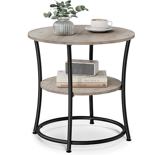 VASAGLE Side Table, Round End Table with 2 Shelves for Living Room, Bedroom, Nightstand with Steel Frame for Small Spaces, Outdoor Accent Coffee Table, Greige and Black