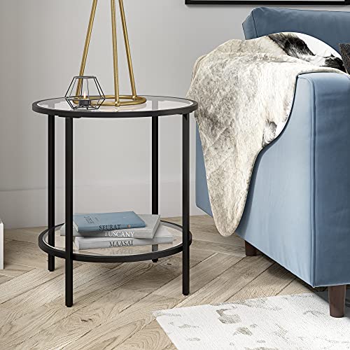 Henn&Hart 20" Wide Round Side Table with Glass Shelf in Blackened Bronze, Table for Living Room, Bedroom