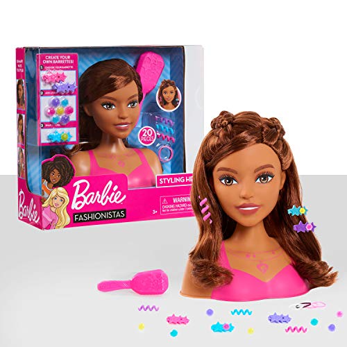 Barbie Fashionistas 8-Inch Styling Head, Brown Hair, 20 Pieces Include Styling Accessories, Hair Styling for Kids, Kids Toys for Ages 3 Up by Just Play