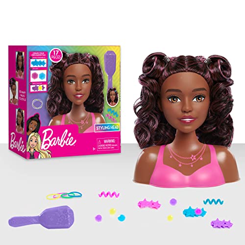 Barbie Small Styling Head and Accessories, Dark Brown Hair, Brown Eyes, 17-pieces, Pretend Play, Kids Toys for Ages 3 Up by Just Play