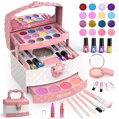 GirlsHome Kids Makeup Kit for Girl 35 Pcs Washable Toddler Makeup Kit, Girl Toys Real Cosmetic Little Girls Makeup Set, Safe & Non-Toxic Frozen Makeup Set for 3-12 Year Old Kids Birthday Gift (Pink)